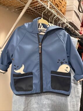 Batela Blue Kids Whale Hooded Rain Jacket striped lining 12mo